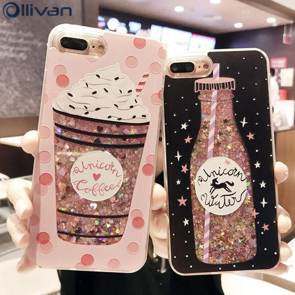 Ollivan girls bottle quicksand case for iphone 7 case silicone TPU PC Dynamic liquid glitter cover for iphone 6 6s 7 plus fundas