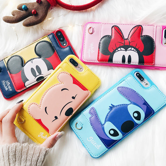 New 3D Bracket Stitch Minnie Mickey Wallet leather cover case for iphone 6 S plus 7 7plus 8 8plus X Winnie Hold card phone cases