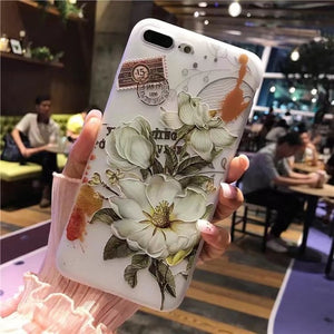 NFH Fashion 3D White Flower Paint Phone Case sFor iPhone 8 X Vintage Soft TPU Back Cover Cases Coque For iPhone7 8 6 6s Plus 5s