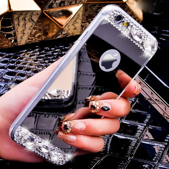 Luxury Rhinestone diamond Shiny Gold Silver Tpu Mirror Case Cover For Iphone 6 6s Plus 5 5S Se 4 4s 7 7 Plus 8 Plus X Case Cover