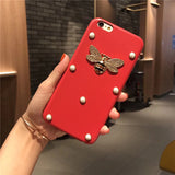 Luxury Leather 3D Metal Bee Pearl Phone Cases For iphone 7 PU Material Fashion Fundas For iPhone 7 6 6S Plus 7P Back Cover Coque