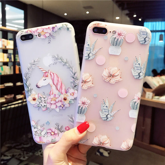 iPWSOO Cartoon Relief Unicorn For iPhone 6 6s 7 8 Plus X Phone Case Fashion Flamingo Cactus Soft TPU Shell For iPhone 8 Cover