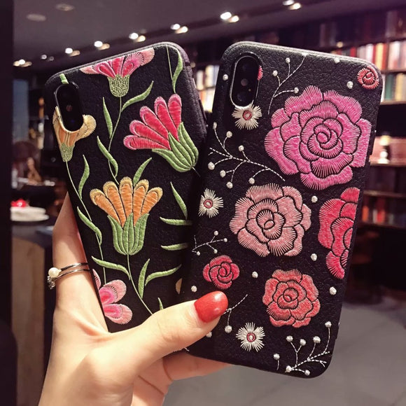 3D Rose Flower Embroidery Style iPhone Case